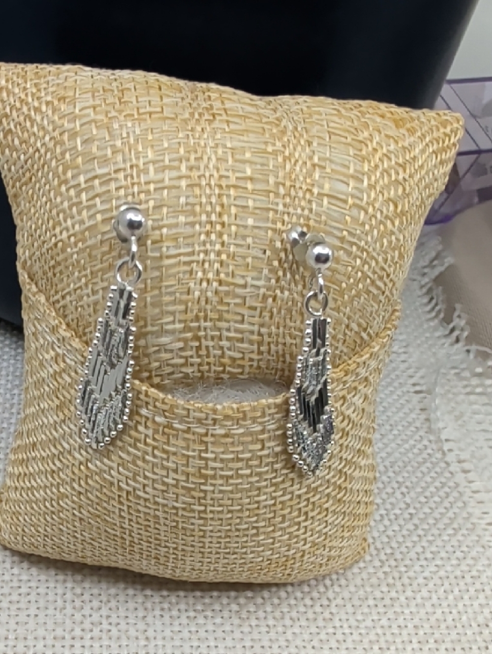 Vintage 925 Italy Sterling Silver Woven Mesh Geometric Drop Earrings Ball Stud - Picture 9 of 17